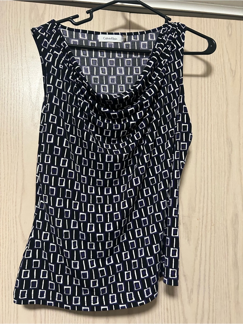 Calvin Klein Navy and White Geometric Cowl Neck Sleeveless Top